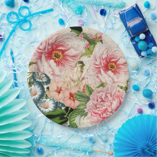 Retro Peony Flower Spring Floral Pattern Papieren Bordje (Feest)