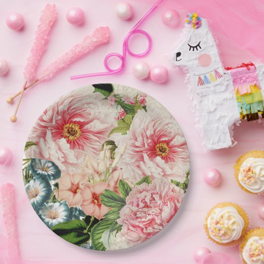 Retro Peony Flower Spring Floral Pattern Papieren Bordje (Feest)