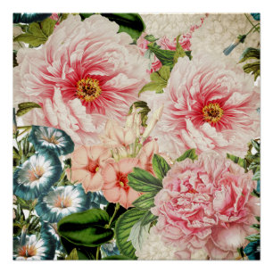 Retro Peony Flower Spring Floral Pattern Perfect Poster