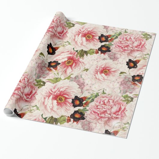 Retro Peony Flower Spring Pinterly Pattern Cadeaupapier (Uitgerold)