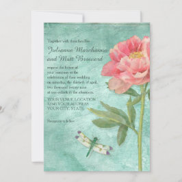 Retro Peony Flowers in Dragonfly Kaart