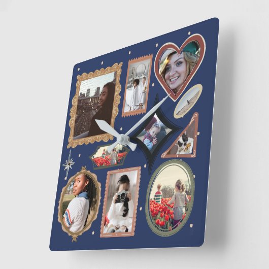 Retro Personalized 12 Photo Collage Template DIY Vierkante Klok (Hoek)