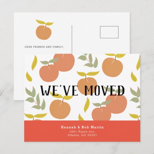 Retro Perzik & Bladpatroon Roze Bewegen Aankondigingskaart (Voorkant / Achterkant)