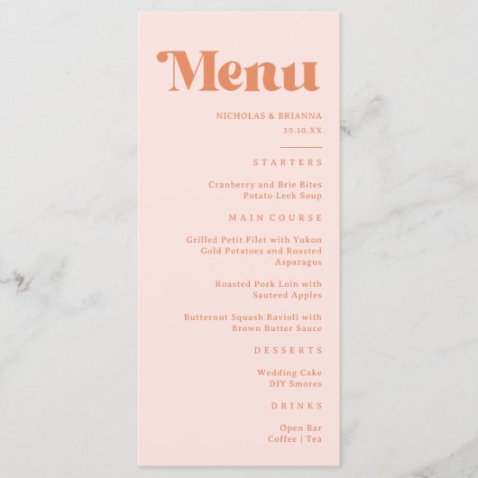 Retro perzik en crème bruiloft menu (Voorkant)