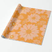 Retro  Perzik Fuzz Oranje Bloempatroon Cadeaupapier (Uitgerold)
