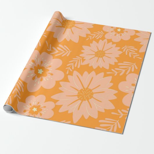 Retro  Perzik Fuzz Oranje Bloempatroon Cadeaupapier (Uitgerold)