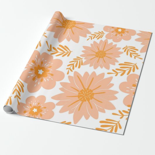 Retro Perzik Fuzz Oranje Bloempatroon Cadeaupapier (Uitgerold)