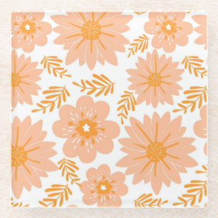 Retro  Perzik Fuzz Oranje Bloempatroon Glazen Onderzetter