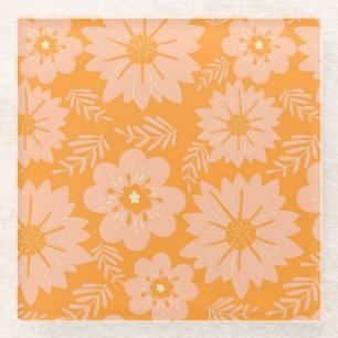 Retro  Perzik Fuzz Oranje Bloempatroon Glazen Onderzetter