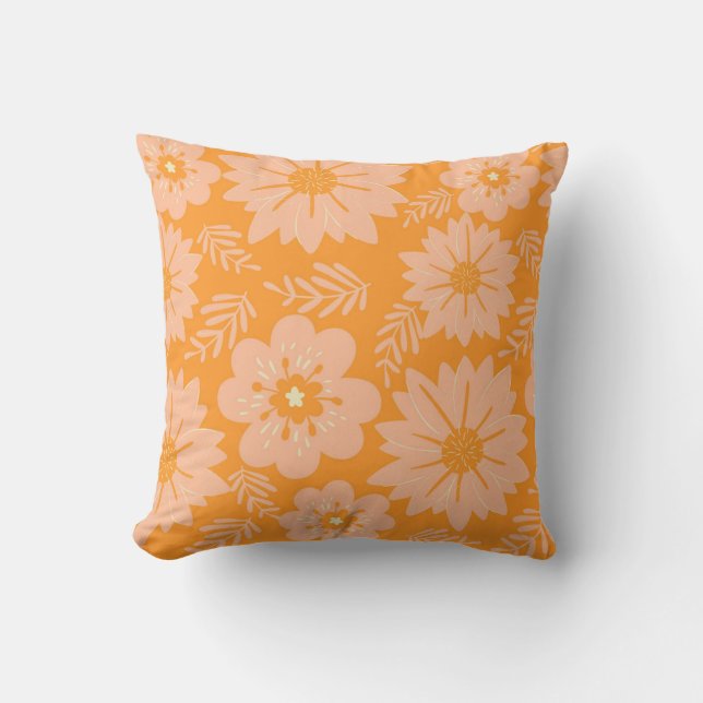 Retro  Perzik Fuzz Oranje Bloempatroon Kussen (Voorkant)
