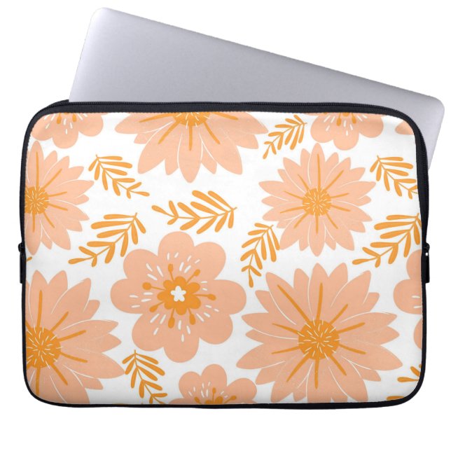 Retro  Perzik Fuzz Oranje Bloempatroon Laptop Sleeve (Voorkant)