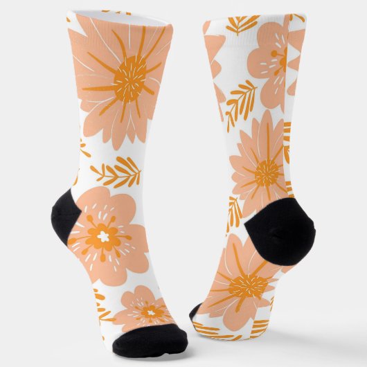 Retro  Perzik Fuzz Oranje Bloempatroon Sokken (Gebogen)