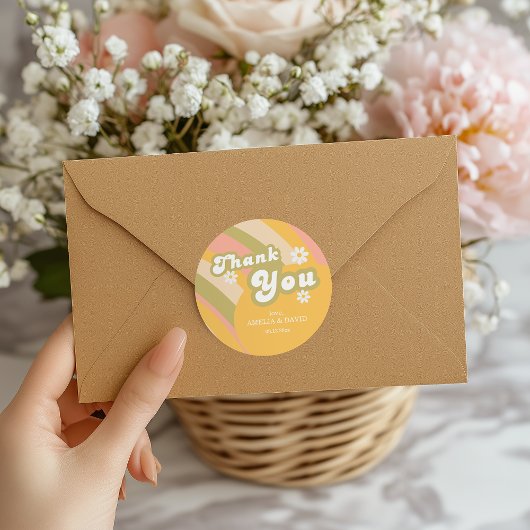 Retro Perzik Regenboog Bedankt Sticker Daisies