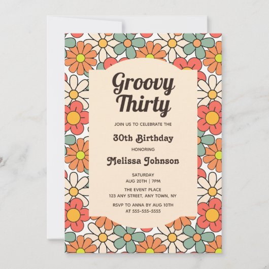 Retro Perzik Sinaasappel Bloemen Groovy 30e Verjaa Kaart (Voorkant)