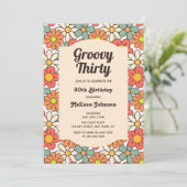 Retro Perzik Sinaasappel Bloemen Groovy 30e Verjaa Kaart (Staand voorkant)