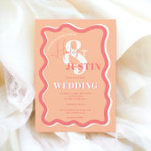 Retro perzikkromme kronkelen golvende trouwfoto kaart