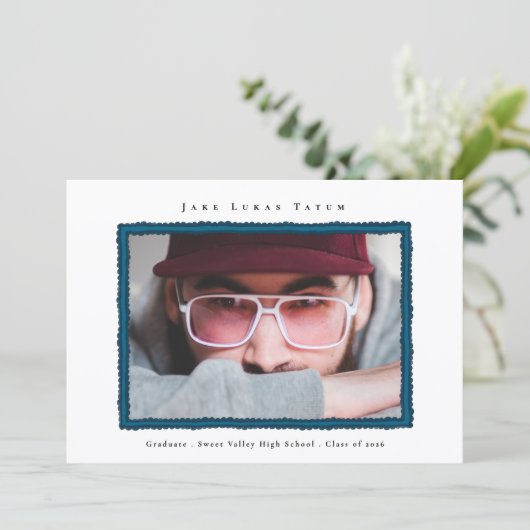 Retro Photo Blue Frame Graduation High School Aankondiging (Staand voorkant)
