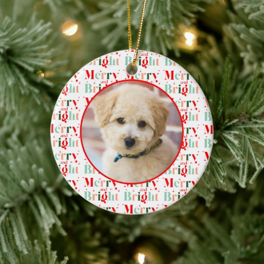 Retro Photo Merry and Bright Christmas Keramisch Ornament (Boom)