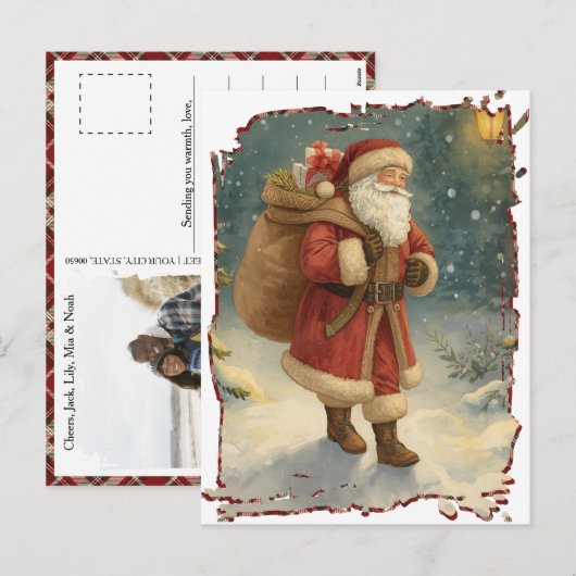 Retro Photo Santa Custom Address Classic Christmas Feestdagenkaart (Voorkant / Achterkant)