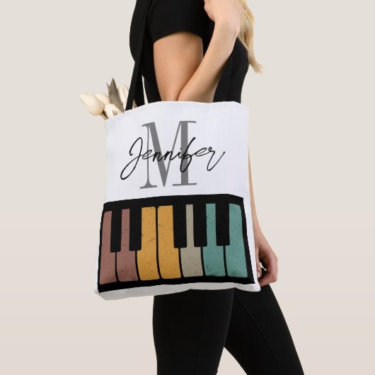 Retro Piano Monogram Naam Gepersonaliseerd Tote Bag (Dichtbij)