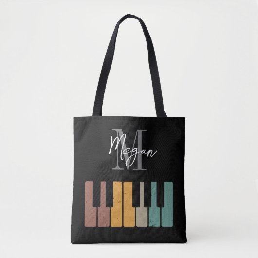 Retro Piano Monogram Naam Gepersonaliseerd Zwart Tote Bag (Voorkant)