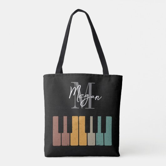Retro Piano Monogram Naam Gepersonaliseerd Zwart Tote Bag (Achterkant)
