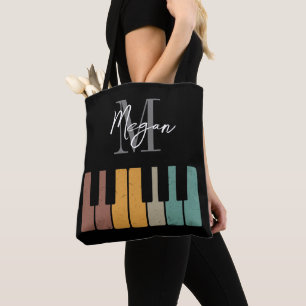 Retro Piano Monogram Naam Gepersonaliseerd Zwart Tote Bag