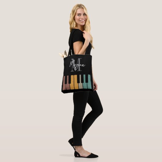 Retro Piano Monogram Naam Gepersonaliseerd Zwart Tote Bag (Op model)