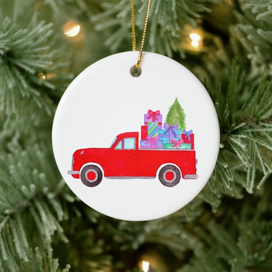 Retro pick-uptruck met kerstcadeaus keramiek keramisch ornament (Boom)