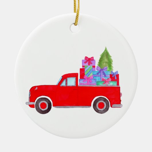 Retro pick-uptruck met kerstcadeaus keramiek keramisch ornament (Voorkant)