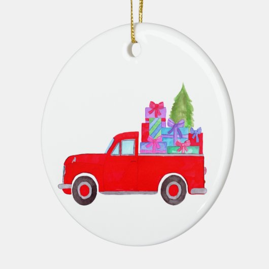 Retro pick-uptruck met kerstcadeaus keramiek keramisch ornament (Links)