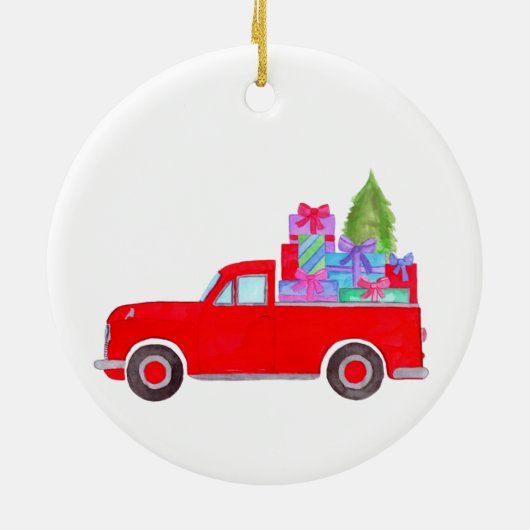 Retro pick-uptruck met kerstcadeaus keramiek keramisch ornament (Achterkant)