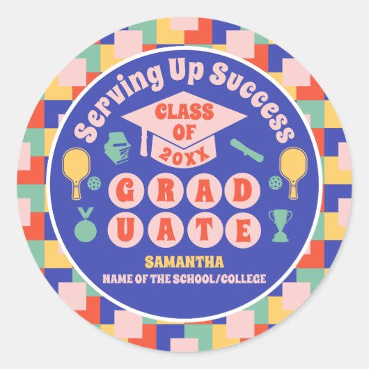 Retro Pickleball Afstudeerfeest Ronde Sticker (Voorkant)