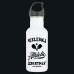 Retro Pickleball Athletic Department Custom Stainl Waterfles<br><div class="desc">Hydrate in stijl met deze leuke pickleball-waterfles met gekruiste pickleball-peddels,  bal- en retro-typografie in het zwart. Voeg je aangepaste tekst toe aan je eigen personalisatie - naam speler,  teamnaam,  clubnaam,  stad,  stad,  naam van het toernooi,  etc. Het maakt een geweldig cadeau voor pickleballspelers,  coaches,  teamgenoten,  enz.</div>
