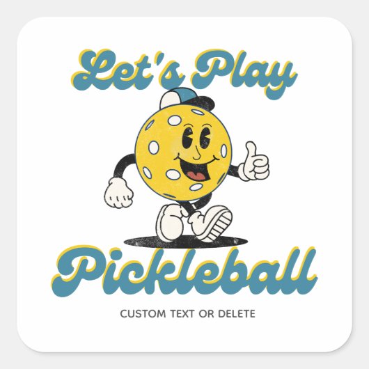Retro Pickleball Cartoon Mascotte Gepersonaliseerd Vierkante Sticker (Voorkant)