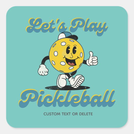 Retro Pickleball Cartoon Mascotte Gepersonaliseerd Vierkante Sticker (Voorkant)