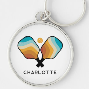 Retro Pickleball Paddles & Ball Aangepaste naam Sleutelhanger