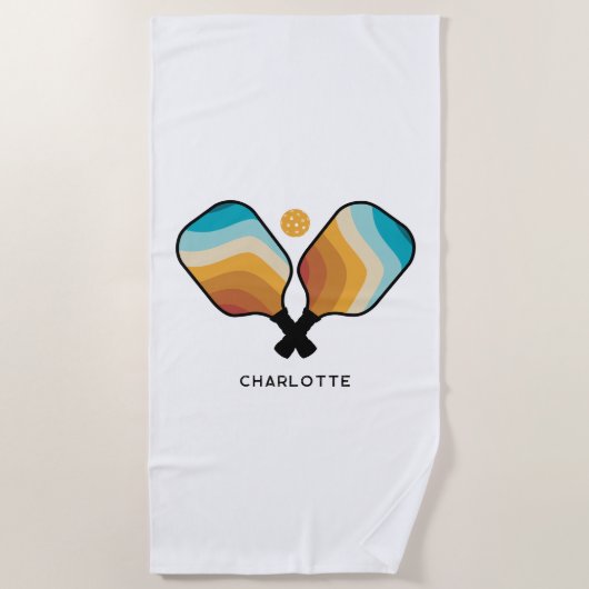 Retro Pickleball Paddles & Ball Aangepaste naam Strandlaken (Voorkant)