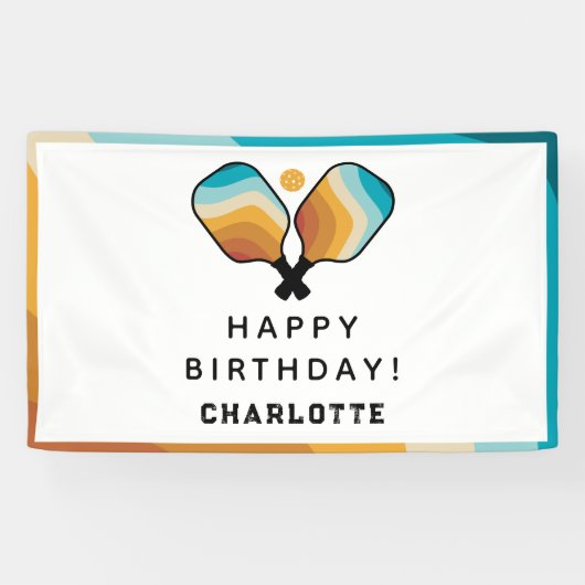 Retro Pickleball Paddles & Ball Verjaardagsfeest Spandoek (Horizontaal)