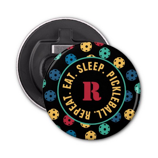 😍 Retro Pickleballen / zwart met initiaal Button Flesopener (Voorkant)