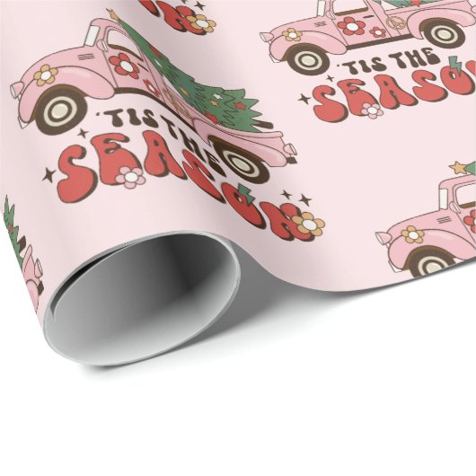 Retro Pickup Truck Pink kerst Cadeaupapier (Rol Hoek)