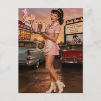 Retro Pin-Up Carhop Diner Serveerster uit de jaren Briefkaart
