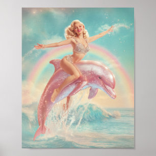 Retro Pin-Up Girl Rijden op een sprankelende roze Poster