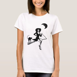 Retro pin-up meisje Heks die op bezem rijdt Zwarte T-shirt