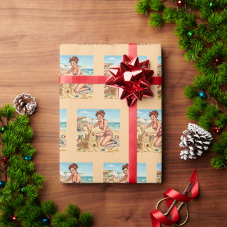 Retro Pin-up Meisje Maakt Zandkasteel Cadeaupapier