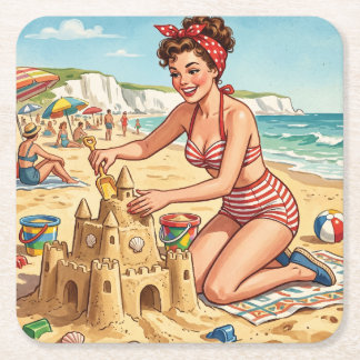 Retro Pin-up Meisje Maakt Zandkasteel Kartonnen Onderzetters