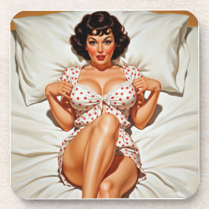 Retro Pin-up Meisje met Rode Polka Dot PJ's Bier Onderzetter
