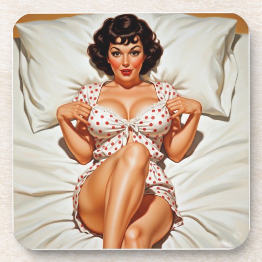 Retro Pin-up Meisje met Rode Polka Dot PJ's Bier Onderzetter (Voorkant)