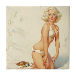 Retro Pin-up Meisje op het Strand Tegeltje
