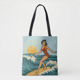 Retro Pin-Up Surfer Blue Coastal Surfing Art Beach Tote Bag